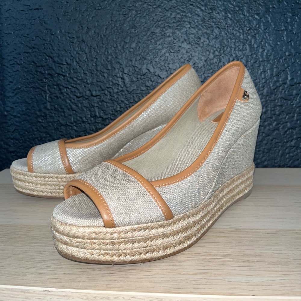 Tory Burch Plata Royal Majorca Linen & Leather Espadrille Wedge- 6.5 - Picture 3 of 9